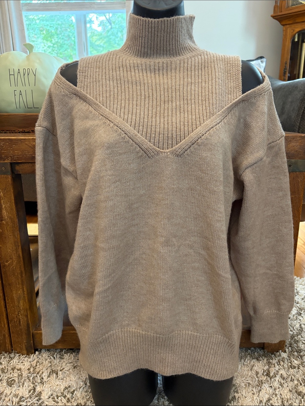 SHEIN Cold-Shoulder Mock Neck Sweater in Taupe size Medium